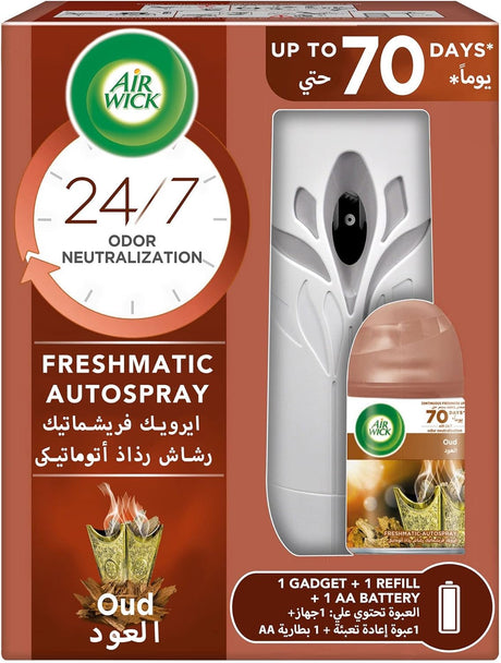 Air Wick Freshmatic Autospray Kit, Oud Scent, 250ml - Al Kabayel Discount CentreAir Wick Freshmatic Autospray Kit, Oud Scent, 250mlAir FreshenersAIR WICKAl Kabayel Discount Centre