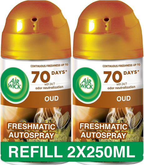Air Wick Freshmatic Autospray Refill, Oud Scent, 250ml x 2 - Al Kabayel Discount CentreAir Wick Freshmatic Autospray Refill, Oud Scent, 250ml x 2Air FreshenersAIR WICKAl Kabayel Discount Centre
