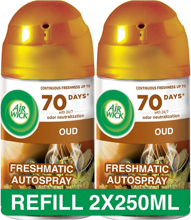 Air Wick Freshmatic Autospray Refill, Oud Scent, 250ml x 2 - Al Kabayel Discount CentreAir Wick Freshmatic Autospray Refill, Oud Scent, 250ml x 2Air FreshenersAIR WICKAl Kabayel Discount Centre