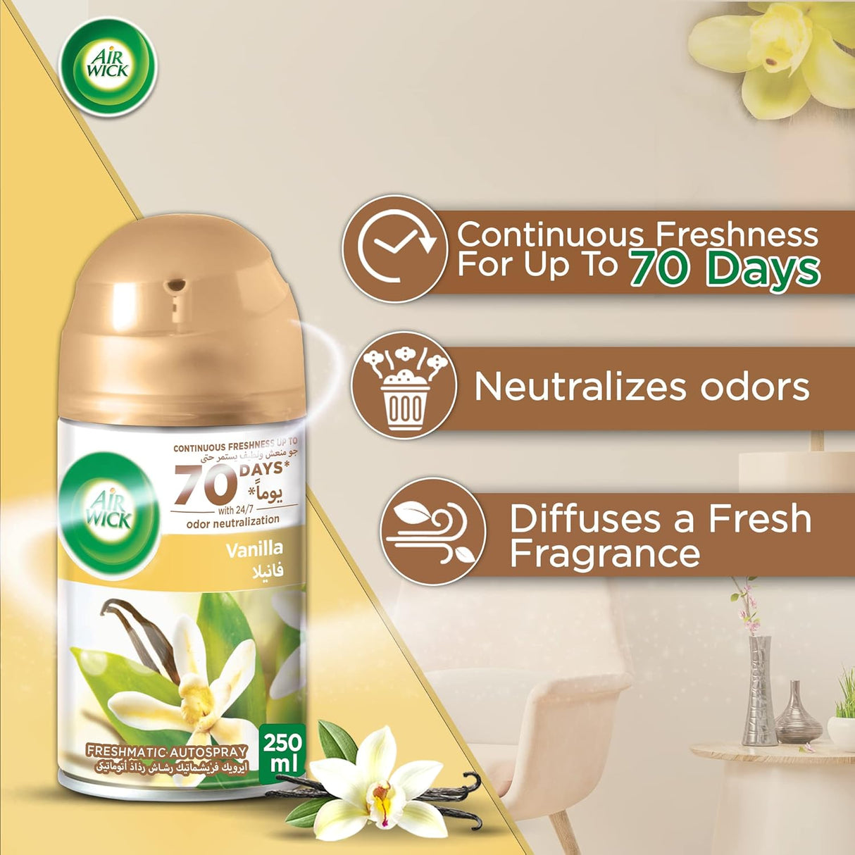 Air Wick Freshmatic Autospray Refill, Vanilla Fragrance, 250 ml (Pack of 2) - Al Kabayel Discount CentreAir Wick Freshmatic Autospray Refill, Vanilla Fragrance, 250 ml (Pack of 2)Air FreshenersAIR WICKAl Kabayel Discount Centre