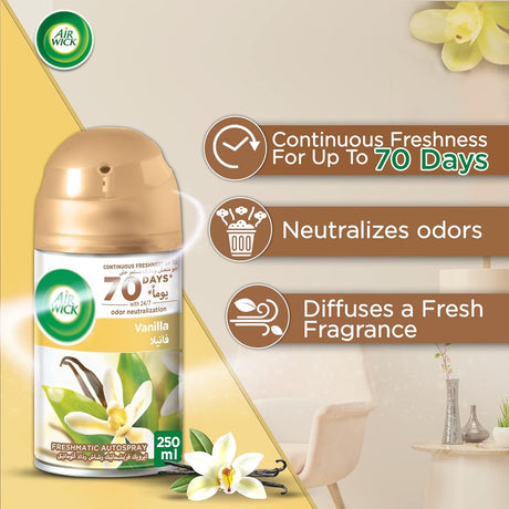 Air Wick Freshmatic Autospray Refill, Vanilla Fragrance, 250 ml (Pack of 2) - Al Kabayel Discount CentreAir Wick Freshmatic Autospray Refill, Vanilla Fragrance, 250 ml (Pack of 2)Air FreshenersAIR WICKAl Kabayel Discount Centre