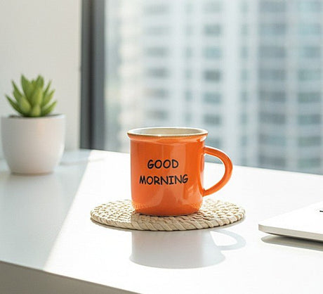 AKDC 100ml Orange Ceramic Mug with “Good Morning” Text – Cute Mini Coffee Cup for Espresso & Tea - Al Kabayel Discount CentreAKDC 100ml Orange Ceramic Mug with “Good Morning” Text – Cute Mini Coffee Cup for Espresso & TeaMugsAKDCAl Kabayel Discount Centre