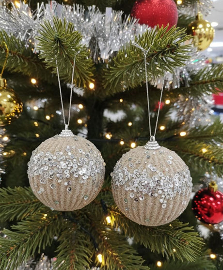 AKDC 2 - Piece 10 cm Gold Christmas Hanging Ball Décor – Silver Sequin Glitter Design for Tree Decoration - Al Kabayel Discount CentreAKDC 2 - Piece 10 cm Gold Christmas Hanging Ball Décor – Silver Sequin Glitter Design for Tree DecorationHome Décor AccentsAKDCAl Kabayel Discount Centre