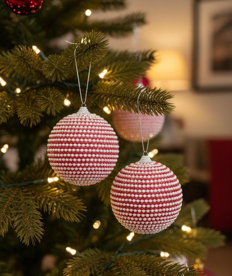 AKDC 2 - Piece 10 cm Red & White Pearl Christmas Hanging Ball Décor – Festive Ornament Set for Holiday Decoration - Al Kabayel Discount CentreAKDC 2 - Piece 10 cm Red & White Pearl Christmas Hanging Ball Décor – Festive Ornament Set for Holiday DecorationHome Décor AccentsAKDCAl Kabayel Discount Centre