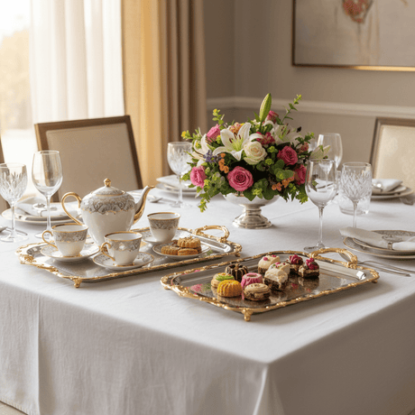 AKDC 2 - Piece Rectangular Silver Stainless Steel Serving Tray Set with Golden Handles, Durable Food Tea & Beverage Serving Platters for Kitchen Dining Table & Home Use – 32 x 20 cm, 40 x 33 cm - Al Kabayel Discount CentreAKDC 2 - Piece Rectangular Silver Stainless Steel Serving Tray Set with Golden Handles, Durable Food Tea & Beverage Serving Platters for Kitchen Dining Table & Home Use – 32 x 20 cm, 40 x 33 cmServing TraysAKDCAl Kabayel Discount Centre