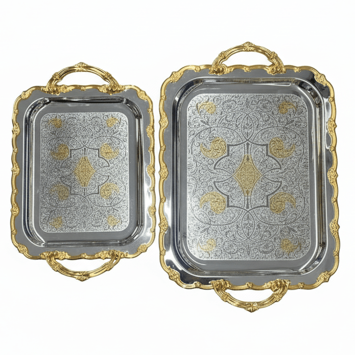 AKDC 2 - Piece Rectangular Silver Stainless Steel Serving Tray Set with Golden Handles, Durable Food Tea & Beverage Serving Platters for Kitchen Dining Table & Home Use – 32 x 20 cm, 40 x 33 cm - Al Kabayel Discount CentreAKDC 2 - Piece Rectangular Silver Stainless Steel Serving Tray Set with Golden Handles, Durable Food Tea & Beverage Serving Platters for Kitchen Dining Table & Home Use – 32 x 20 cm, 40 x 33 cmServing TraysAKDCAl Kabayel Discount Centre