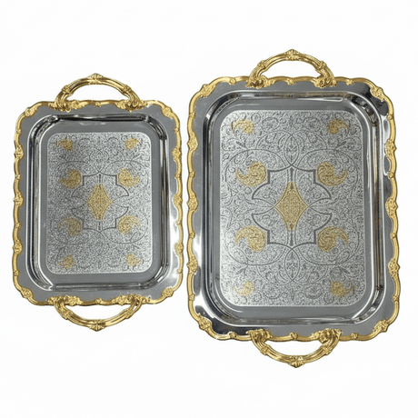 AKDC 2 - Piece Rectangular Silver Stainless Steel Serving Tray Set with Golden Handles, Durable Food Tea & Beverage Serving Platters for Kitchen Dining Table & Home Use – 32 x 20 cm, 40 x 33 cm - Al Kabayel Discount CentreAKDC 2 - Piece Rectangular Silver Stainless Steel Serving Tray Set with Golden Handles, Durable Food Tea & Beverage Serving Platters for Kitchen Dining Table & Home Use – 32 x 20 cm, 40 x 33 cmServing TraysAKDCAl Kabayel Discount Centre