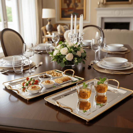 AKDC 2 - Piece Rectangular Stainless Steel Serving Tray Set with Golden Border and Handles, Premium Multipurpose Food & Drink Serving Trays – 44 × 34 cm & 36 × 26 cm - Al Kabayel Discount CentreAKDC 2 - Piece Rectangular Stainless Steel Serving Tray Set with Golden Border and Handles, Premium Multipurpose Food & Drink Serving Trays – 44 × 34 cm & 36 × 26 cmServing TraysAKDCAl Kabayel Discount Centre