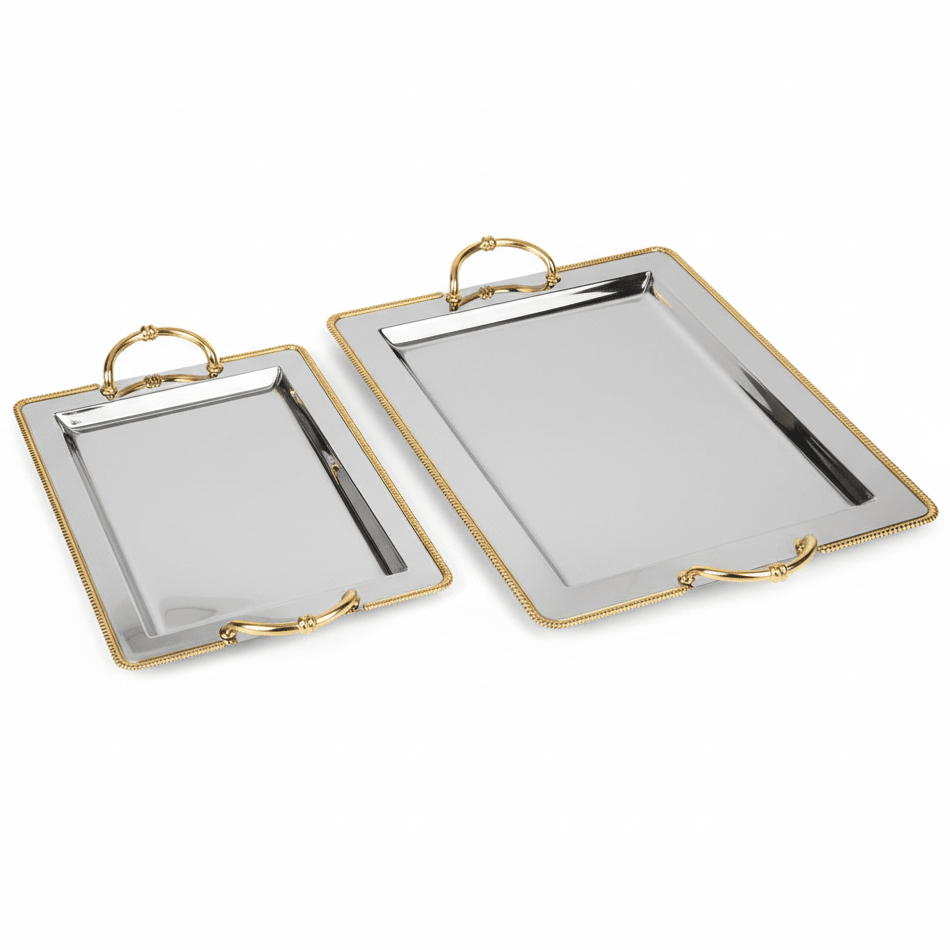 AKDC 2 - Piece Rectangular Stainless Steel Serving Tray Set with Golden Border and Handles, Premium Multipurpose Food & Drink Serving Trays – 44 × 34 cm & 36 × 26 cm - Al Kabayel Discount CentreAKDC 2 - Piece Rectangular Stainless Steel Serving Tray Set with Golden Border and Handles, Premium Multipurpose Food & Drink Serving Trays – 44 × 34 cm & 36 × 26 cmServing TraysAKDCAl Kabayel Discount Centre