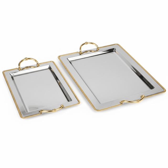 AKDC 2 - Piece Rectangular Stainless Steel Serving Tray Set with Golden Border and Handles, Premium Multipurpose Food & Drink Serving Trays – 44 × 34 cm & 36 × 26 cm - Al Kabayel Discount CentreAKDC 2 - Piece Rectangular Stainless Steel Serving Tray Set with Golden Border and Handles, Premium Multipurpose Food & Drink Serving Trays – 44 × 34 cm & 36 × 26 cmServing TraysAKDCAl Kabayel Discount Centre