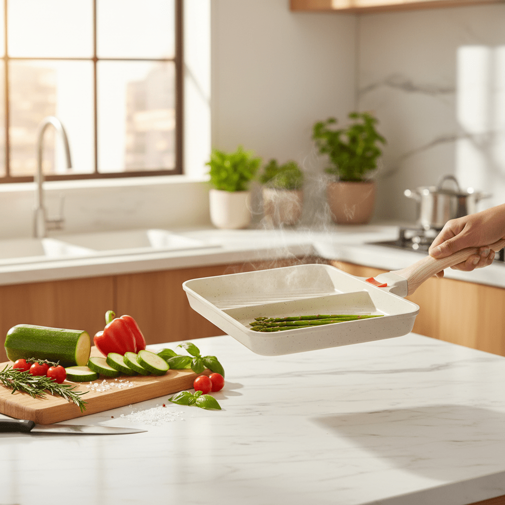 AKDC 2 - Section Non - Stick Divided Frying Pan with Wooden Handle – Beige, 25 × 16 cm - Al Kabayel Discount CentreAKDC 2 - Section Non - Stick Divided Frying Pan with Wooden Handle – Beige, 25 × 16 cmFrying Pan & Grill PanAKDCAl Kabayel Discount Centre