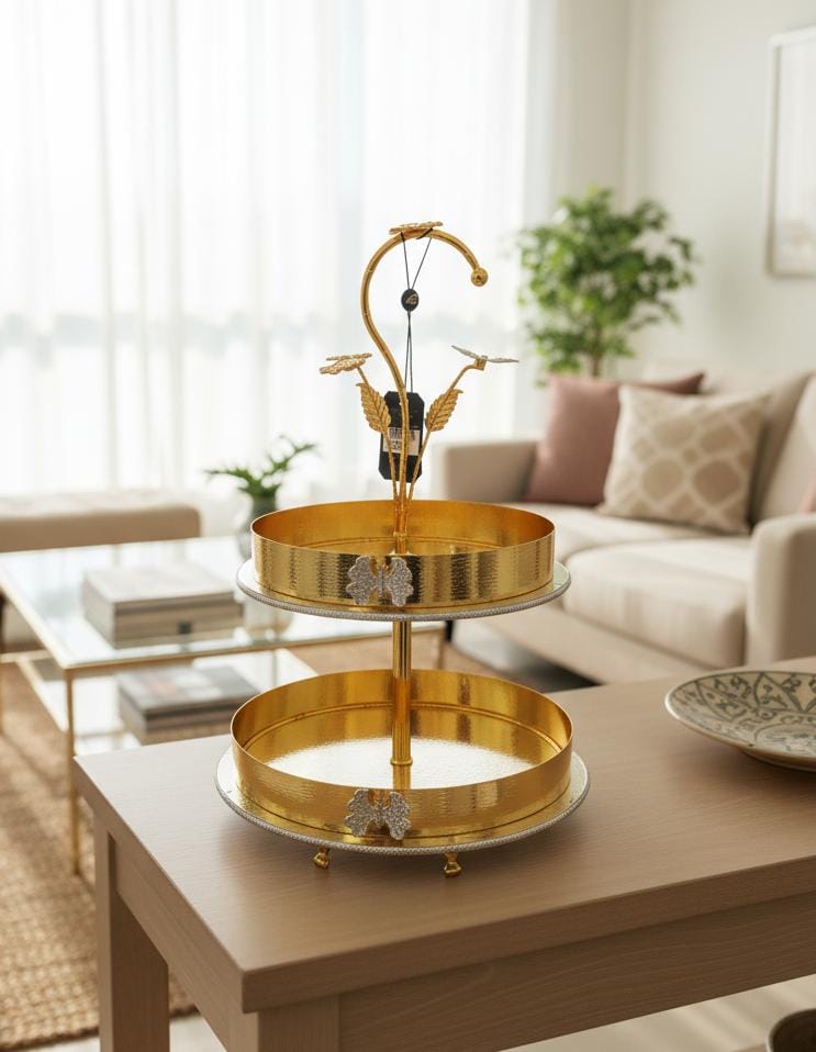 AKDC 2 - Tier Gold Oval Serving Tray with Leaf Pattern – Elegant Dessert and Snack Stand for Home, Wedding, or Buffet Decoration 45x34 cm - Al Kabayel Discount CentreAKDC 2 - Tier Gold Oval Serving Tray with Leaf Pattern – Elegant Dessert and Snack Stand for Home, Wedding, or Buffet Decoration 45x34 cmServeware SetsAKDCAl Kabayel Discount Centre
