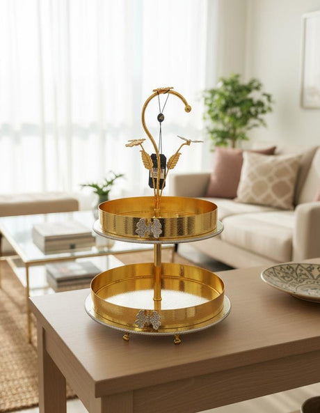 AKDC 2 - Tier Gold Oval Serving Tray with Leaf Pattern – Elegant Dessert and Snack Stand for Home, Wedding, or Buffet Decoration 45x34 cm - Al Kabayel Discount CentreAKDC 2 - Tier Gold Oval Serving Tray with Leaf Pattern – Elegant Dessert and Snack Stand for Home, Wedding, or Buffet Decoration 45x34 cmServeware SetsAKDCAl Kabayel Discount Centre