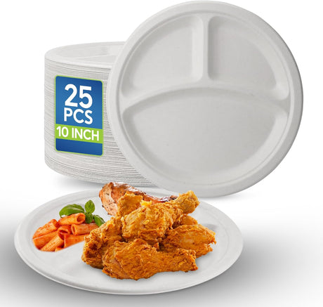 AKDC 3 - Compartment Sugarcane Pulp Paper Plates 10 Inch – 25 Piece Pack - Al Kabayel Discount CentreAKDC 3 - Compartment Sugarcane Pulp Paper Plates 10 Inch – 25 Piece PackDisposablesAKDCAl Kabayel Discount Centre