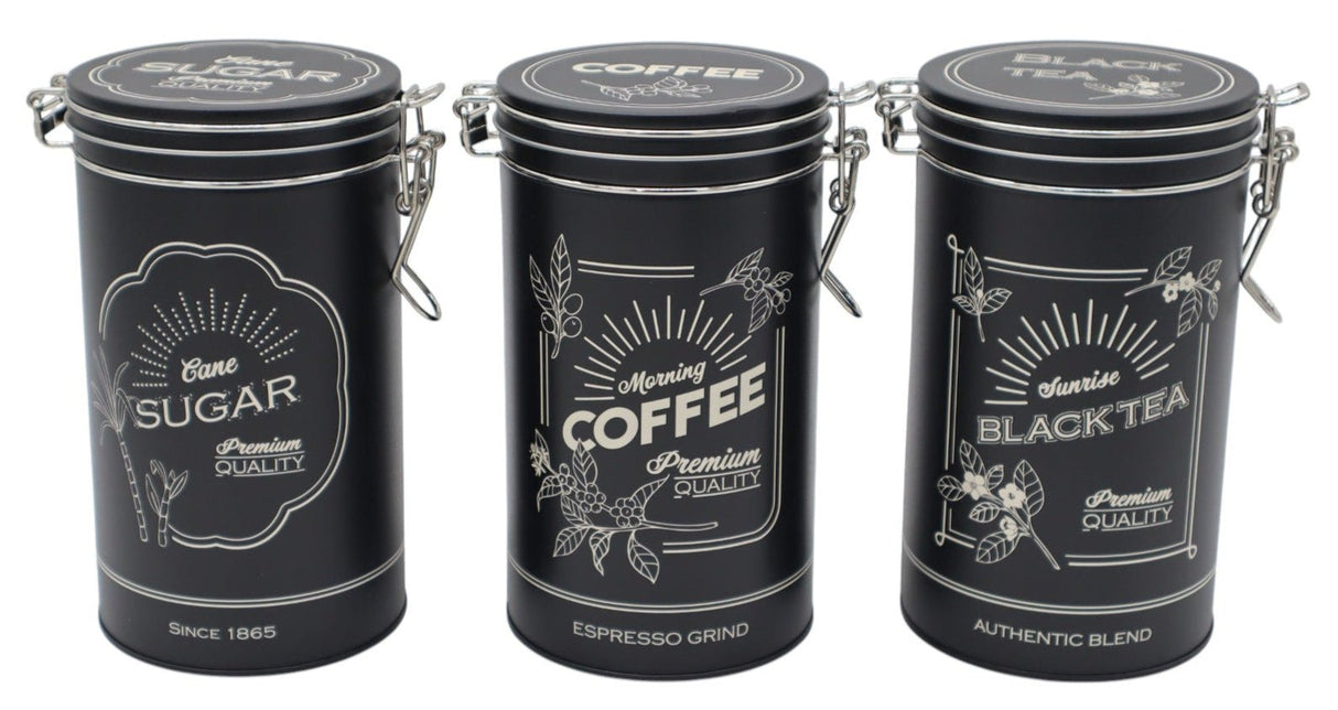 AKDC 3 - Piece Black Metal Canister Set for Sugar, Coffee, and Tea – Stylish Matching Kitchen Organizers, 17×9.5 cm Each - Al Kabayel Discount CentreAKDC 3 - Piece Black Metal Canister Set for Sugar, Coffee, and Tea – Stylish Matching Kitchen Organizers, 17×9.5 cm EachJars & Food SaversAKDCAl Kabayel Discount Centre