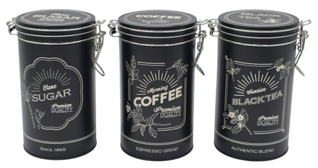 AKDC 3 - Piece Black Metal Canister Set for Sugar, Coffee, and Tea – Stylish Matching Kitchen Organizers, 17×9.5 cm Each - Al Kabayel Discount CentreAKDC 3 - Piece Black Metal Canister Set for Sugar, Coffee, and Tea – Stylish Matching Kitchen Organizers, 17×9.5 cm EachJars & Food SaversAKDCAl Kabayel Discount Centre