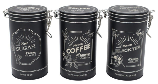 AKDC 3 - Piece Black Metal Canister Set for Sugar, Coffee, and Tea – Stylish Matching Kitchen Organizers, 17×9.5 cm Each - Al Kabayel Discount CentreAKDC 3 - Piece Black Metal Canister Set for Sugar, Coffee, and Tea – Stylish Matching Kitchen Organizers, 17×9.5 cm EachJars & Food SaversAKDCAl Kabayel Discount Centre