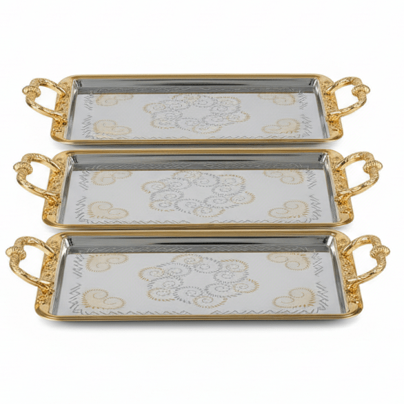 AKDC 3 - Piece Rectangular Silver Stainless Steel Serving Tray Set with Stylish Golden Handles, Multipurpose Food Tea & Drink Serving Platters for Home Kitchen & Dining – 35 x 22 cm, 42 x 26 cm, 48 x 30 cm - Al Kabayel Discount CentreAKDC 3 - Piece Rectangular Silver Stainless Steel Serving Tray Set with Stylish Golden Handles, Multipurpose Food Tea & Drink Serving Platters for Home Kitchen & Dining – 35 x 22 cm, 42 x 26 cm, 48 x 30 cmServing TraysAKDCAl Kabayel Discount Centre