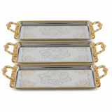 AKDC 3 - Piece Rectangular Silver Stainless Steel Serving Tray Set with Stylish Golden Handles, Multipurpose Food Tea & Drink Serving Platters for Home Kitchen & Dining – 35 x 22 cm, 42 x 26 cm, 48 x 30 cm - Al Kabayel Discount CentreAKDC 3 - Piece Rectangular Silver Stainless Steel Serving Tray Set with Stylish Golden Handles, Multipurpose Food Tea & Drink Serving Platters for Home Kitchen & Dining – 35 x 22 cm, 42 x 26 cm, 48 x 30 cmServing TraysAKDCAl Kabayel Discount Centre