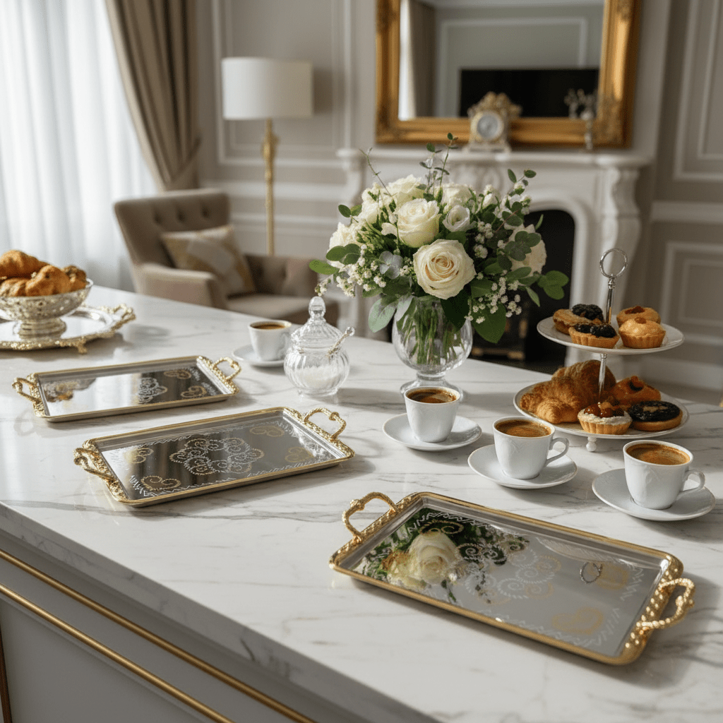 AKDC 3 - Piece Rectangular Silver Stainless Steel Serving Tray Set with Stylish Golden Handles, Multipurpose Food Tea & Drink Serving Platters for Home Kitchen & Dining – 35 x 22 cm, 42 x 26 cm, 48 x 30 cm - Al Kabayel Discount CentreAKDC 3 - Piece Rectangular Silver Stainless Steel Serving Tray Set with Stylish Golden Handles, Multipurpose Food Tea & Drink Serving Platters for Home Kitchen & Dining – 35 x 22 cm, 42 x 26 cm, 48 x 30 cmServing TraysAKDCAl Kabayel Discount Centre