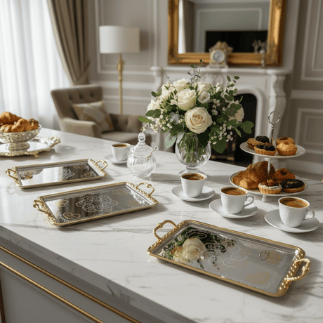 AKDC 3 - Piece Rectangular Silver Stainless Steel Serving Tray Set with Stylish Golden Handles, Multipurpose Food Tea & Drink Serving Platters for Home Kitchen & Dining – 35 x 22 cm, 42 x 26 cm, 48 x 30 cm - Al Kabayel Discount CentreAKDC 3 - Piece Rectangular Silver Stainless Steel Serving Tray Set with Stylish Golden Handles, Multipurpose Food Tea & Drink Serving Platters for Home Kitchen & Dining – 35 x 22 cm, 42 x 26 cm, 48 x 30 cmServing TraysAKDCAl Kabayel Discount Centre