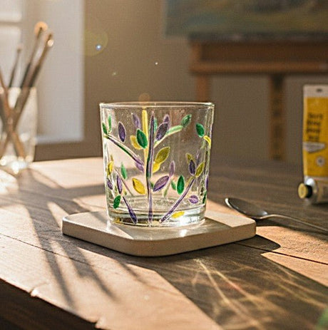 AKDC 300ml Violet Glass Tumbler with Green Leaf Design – Modern Colored Drinking Cup for Daily Beverages - Al Kabayel Discount CentreAKDC 300ml Violet Glass Tumbler with Green Leaf Design – Modern Colored Drinking Cup for Daily BeveragesDrinkware SetsAKDCAl Kabayel Discount Centre