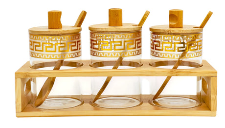 AKDC 3pcs Glass Jar with Bamboo Rack Set 400ml - Al Kabayel Discount CentreAKDC 3pcs Glass Jar with Bamboo Rack Set 400mlJars & Food SaversAKDCAl Kabayel Discount Centre