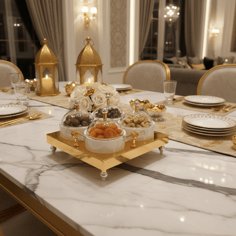 AKDC 4 - Piece Candy Pot Set with Gold Metal Stand 30×30 cm Luxury Serving Set for Dates & Chocolates - Al Kabayel Discount CentreAKDC 4 - Piece Candy Pot Set with Gold Metal Stand 30×30 cm Luxury Serving Set for Dates & ChocolatesServing TraysAKDCAl Kabayel Discount Centre