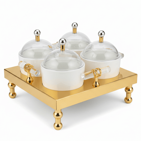 AKDC 4 - Piece Candy Pot Set with Gold Metal Stand 30×30 cm Luxury Serving Set for Dates & Chocolates - Al Kabayel Discount CentreAKDC 4 - Piece Candy Pot Set with Gold Metal Stand 30×30 cm Luxury Serving Set for Dates & ChocolatesServing TraysAKDCAl Kabayel Discount Centre