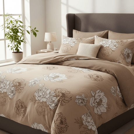 AKDC 6 - Piece Beige Cotton Comforter Set with Flat Sheet & Square Cushions – 230×250 cm - Al Kabayel Discount CentreAKDC 6 - Piece Beige Cotton Comforter Set with Flat Sheet & Square Cushions – 230×250 cmBeddingAKDCAl Kabayel Discount Centre