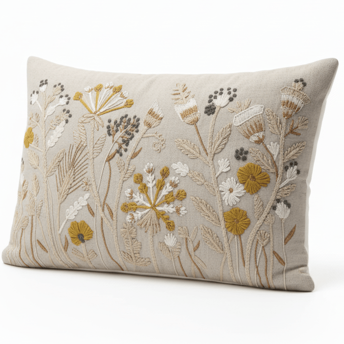 AKDC 60 x 40 cm Rectangular Cushion Cover – Beige Decorative Pillow Cover with Embroidered Floral Design in White Mustard and Brown Tones - Al Kabayel Discount CentreAKDC 60 x 40 cm Rectangular Cushion Cover – Beige Decorative Pillow Cover with Embroidered Floral Design in White Mustard and Brown TonesFloor Pillows & CushionsAKDCAl Kabayel Discount Centre
