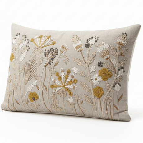 AKDC 60 x 40 cm Rectangular Cushion Cover – Beige Decorative Pillow Cover with Embroidered Floral Design in White Mustard and Brown Tones - Al Kabayel Discount CentreAKDC 60 x 40 cm Rectangular Cushion Cover – Beige Decorative Pillow Cover with Embroidered Floral Design in White Mustard and Brown TonesFloor Pillows & CushionsAKDCAl Kabayel Discount Centre