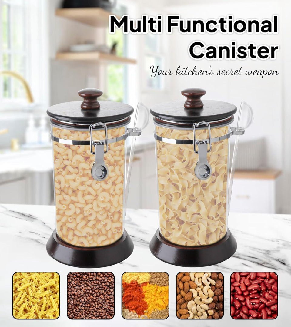 AKDC Acrylic Clip Lock Canister with Wooden Lid and Spoon 1800ml, 12.5cm*12.5cm*22.5cm - Al Kabayel Discount CentreAKDC Acrylic Clip Lock Canister with Wooden Lid and Spoon 1800ml, 12.5cm*12.5cm*22.5cmJars & Food SaversAKDCAl Kabayel Discount Centre