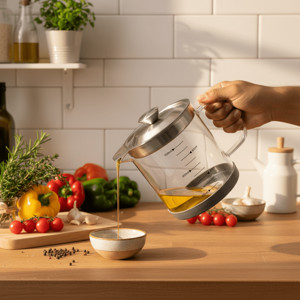 AKDC Advanced Glass Oil Filter Pot with Metal Lid and Anti - Slip Silicone Base for Cooking Oil Storage – 1000ml - Al Kabayel Discount CentreAKDC Advanced Glass Oil Filter Pot with Metal Lid and Anti - Slip Silicone Base for Cooking Oil Storage – 1000mlKitchen Utensils & GadgetsAKDCAl Kabayel Discount Centre