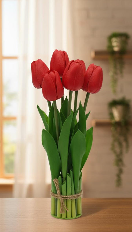 AKDC Artificial Red Tulip Flowers - Plastic Blooms in Stunning Red, Compact Size for Tabletop or Shelf Display, 32 cm," - Plastic red tulips for stunning color. - Al Kabayel Discount CentreAKDC Artificial Red Tulip Flowers - Plastic Blooms in Stunning Red, Compact Size for Tabletop or Shelf Display, 32 cm," - Plastic red tulips for stunning color.Artificial FloraAKDCAl Kabayel Discount Centre