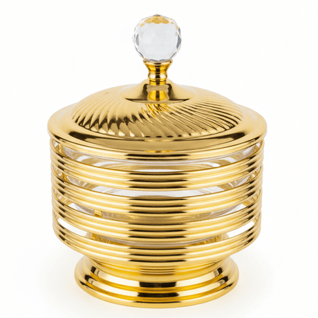 AKDC Austrian Crystal Gold Candy Pot with Lid | Ribbed Glass & Metal | 18×14cm - Al Kabayel Discount CentreAKDC Austrian Crystal Gold Candy Pot with Lid | Ribbed Glass & Metal | 18×14cmJars & Food SaversAKDCAl Kabayel Discount Centre