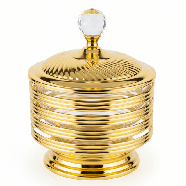 AKDC Austrian Crystal Gold Candy Pot with Lid | Ribbed Glass & Metal | 18×14cm - Al Kabayel Discount CentreAKDC Austrian Crystal Gold Candy Pot with Lid | Ribbed Glass & Metal | 18×14cmJars & Food SaversAKDCAl Kabayel Discount Centre