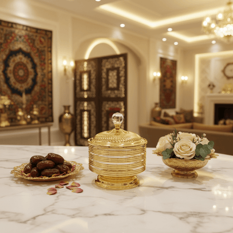 AKDC Austrian Crystal Gold Candy Pot with Lid | Ribbed Glass & Metal | 18×14cm - Al Kabayel Discount CentreAKDC Austrian Crystal Gold Candy Pot with Lid | Ribbed Glass & Metal | 18×14cmJars & Food SaversAKDCAl Kabayel Discount Centre