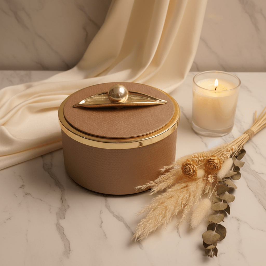 AKDC Beige Metal Candy Box with Faux Leather Finish & Lid – Modern Decorative Storage Box 15×8 cm - Al Kabayel Discount CentreAKDC Beige Metal Candy Box with Faux Leather Finish & Lid – Modern Decorative Storage Box 15×8 cmJars & Food SaversAKDCAl Kabayel Discount Centre