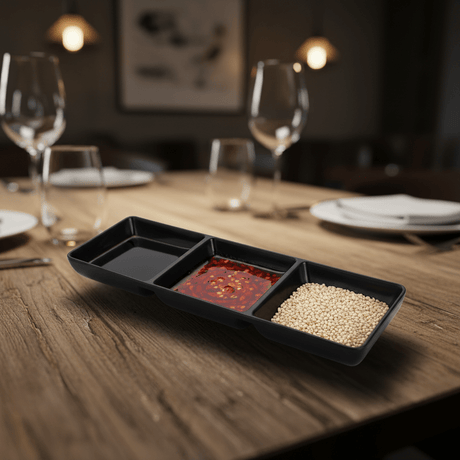 AKDC Black Melamine Rectangle 3 Portion Sauce Bowl 3.5 Inch Stylish Multi Section Sauce Dish - Al Kabayel Discount CentreAKDC Black Melamine Rectangle 3 Portion Sauce Bowl 3.5 Inch Stylish Multi Section Sauce DishBowlsAKDCAl Kabayel Discount Centre