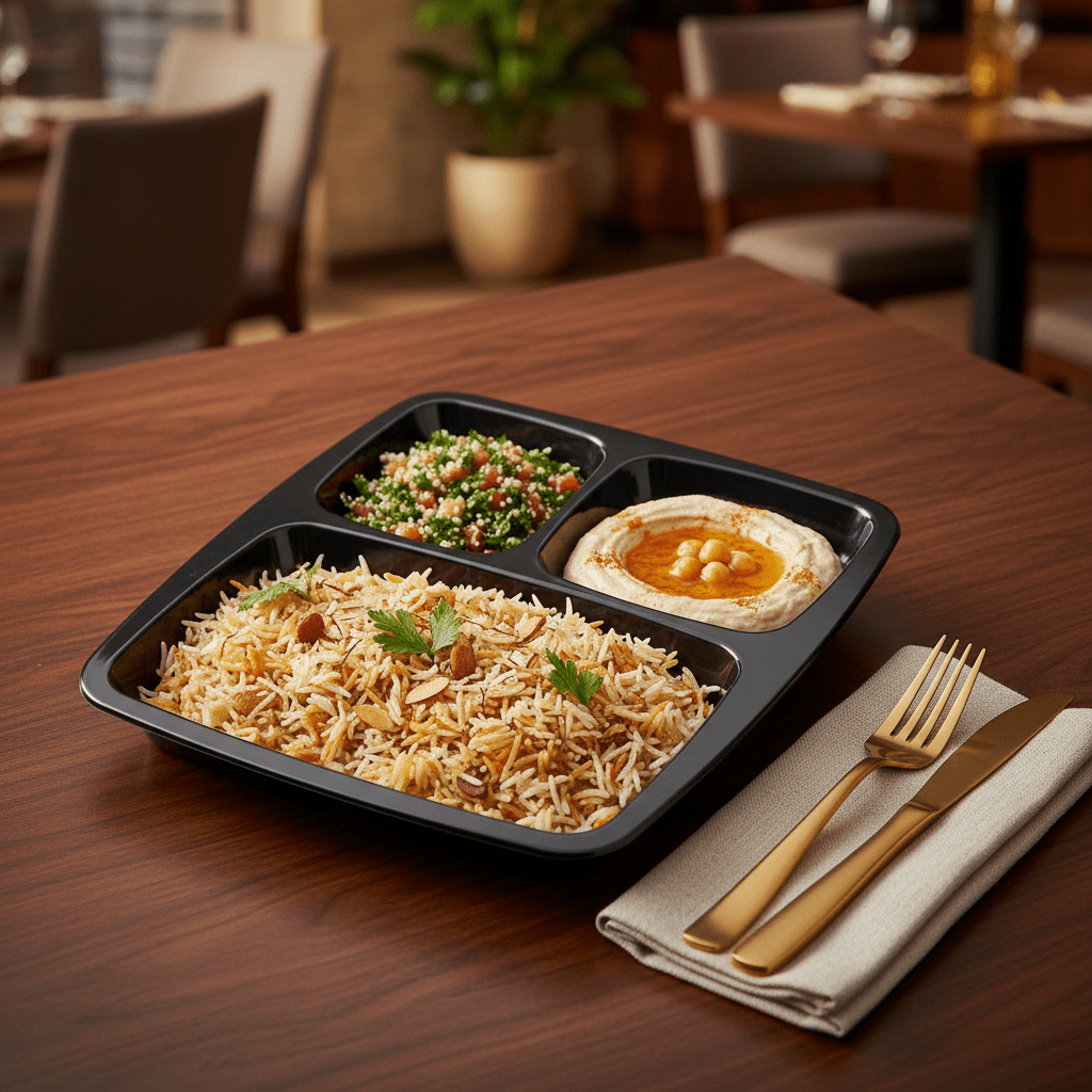 AKDC Black Square Melamine 3 Portion Serving Plate 23.5 × 23.5 cm Heavy Duty Food Grade Section Plate for Dining and Catering - Al Kabayel Discount CentreAKDC Black Square Melamine 3 Portion Serving Plate 23.5 × 23.5 cm Heavy Duty Food Grade Section Plate for Dining and CateringPlatesAKDCAl Kabayel Discount Centre
