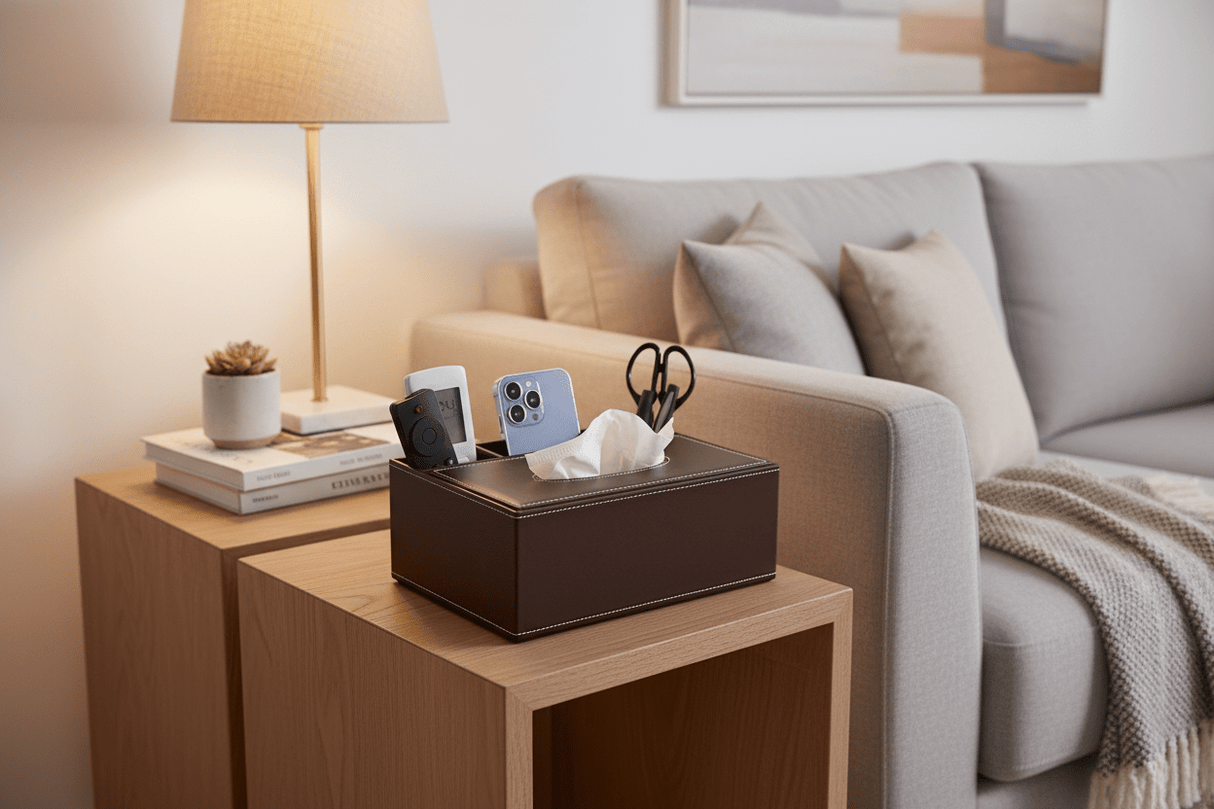 AKDC Brown PU Leather Rectangular Tissue Box with Pen Holder 25*18.5*10cm - Al Kabayel Discount CentreAKDC Brown PU Leather Rectangular Tissue Box with Pen Holder 25*18.5*10cmNapkin Holders & Tissue BoxAKDCAl Kabayel Discount Centre