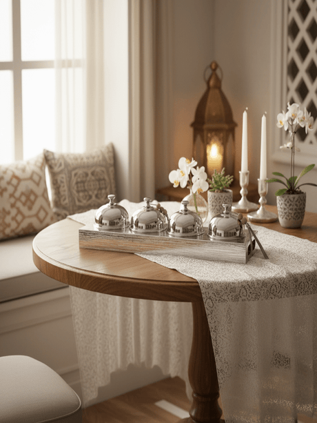 AKDC Candy Bowl Set with Holder (4 Pieces) – Luxury Metal Silver Finish, Complete Decorative Serving Set, 51 × 14 × 10 cm - Al Kabayel Discount CentreAKDC Candy Bowl Set with Holder (4 Pieces) – Luxury Metal Silver Finish, Complete Decorative Serving Set, 51 × 14 × 10 cmJars & Food SaversAKDCAl Kabayel Discount Centre