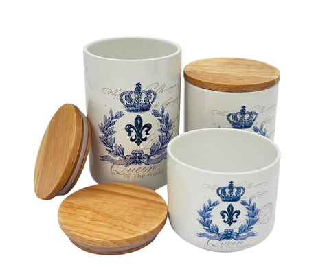 AKDC Ceramic 3pcs Canister Set 350ml+600ml+1000ml with a Wooden Lid, Blue and White - Al Kabayel Discount CentreAKDC Ceramic 3pcs Canister Set 350ml+600ml+1000ml with a Wooden Lid, Blue and WhiteJars & Food SaversAKDCAl Kabayel Discount Centre
