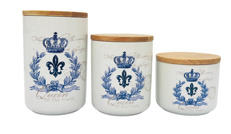 AKDC Ceramic 3pcs Canister Set 350ml+600ml+1000ml with a Wooden Lid, Blue and White - Al Kabayel Discount CentreAKDC Ceramic 3pcs Canister Set 350ml+600ml+1000ml with a Wooden Lid, Blue and WhiteJars & Food SaversAKDCAl Kabayel Discount Centre