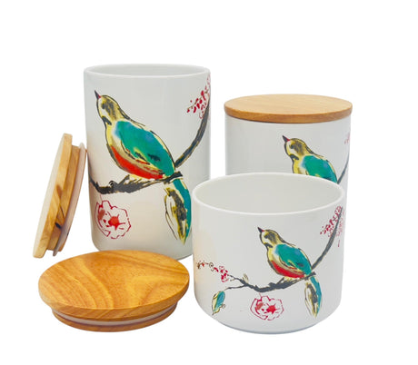 AKDC Ceramic 3pcs Canister Set 350ml+600ml+1000ml with a Wooden Lid, White - Al Kabayel Discount CentreAKDC Ceramic 3pcs Canister Set 350ml+600ml+1000ml with a Wooden Lid, WhiteJars & Food SaversAKDCAl Kabayel Discount Centre