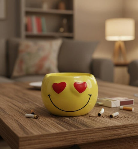 AKDC Ceramic Round Smiley Face Ashtray – Yellow Color with Heart Eyes Design, Fun & Trendy Table Accessory - Al Kabayel Discount CentreAKDC Ceramic Round Smiley Face Ashtray – Yellow Color with Heart Eyes Design, Fun & Trendy Table AccessoryHome Décor AccentsAKDCAl Kabayel Discount Centre