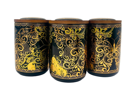 AKDC Ceramic Set of 3 Canister 1 Liter * 3 with a Wooden Lid, Black and Golden Floral Design - Al Kabayel Discount CentreAKDC Ceramic Set of 3 Canister 1 Liter * 3 with a Wooden Lid, Black and Golden Floral DesignJars & Food SaversAKDCAl Kabayel Discount Centre