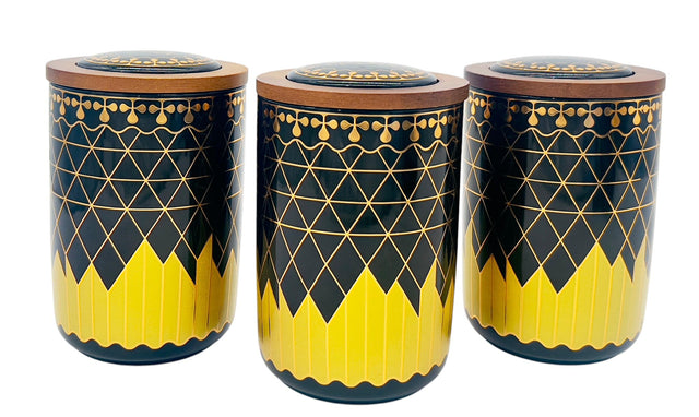 AKDC Ceramic Set of 3 Canister 1 Liter * 3 with a Wooden Lid, Black and Golden Line Design - Al Kabayel Discount CentreAKDC Ceramic Set of 3 Canister 1 Liter * 3 with a Wooden Lid, Black and Golden Line DesignJars & Food SaversAKDCAl Kabayel Discount Centre