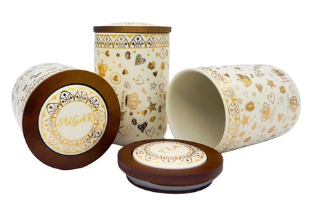 AKDC Ceramic Set of 3 Canister 1 Liter * 3 with a Wooden Lid, White and Golden Design - Al Kabayel Discount CentreAKDC Ceramic Set of 3 Canister 1 Liter * 3 with a Wooden Lid, White and Golden DesignJars & Food SaversAKDCAl Kabayel Discount Centre